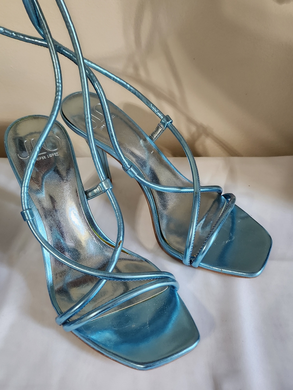 Jennifer Lopez Metallic Teal-Strap Heeled Sandals